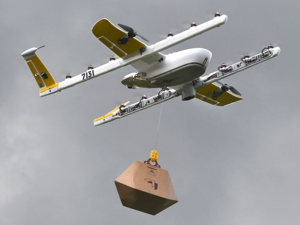 Alphabet drone delivering a package.  Just one example of innovative drone use during the 2020 Covid-19 pandemic. 