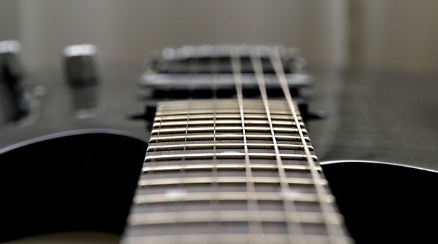 Guitar fretboard. Closeup view.  Guitars and nuclear power plants have something in common.  Sort of. 