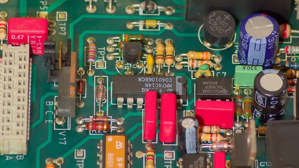 Close-up of a PCB and its mounted components. 