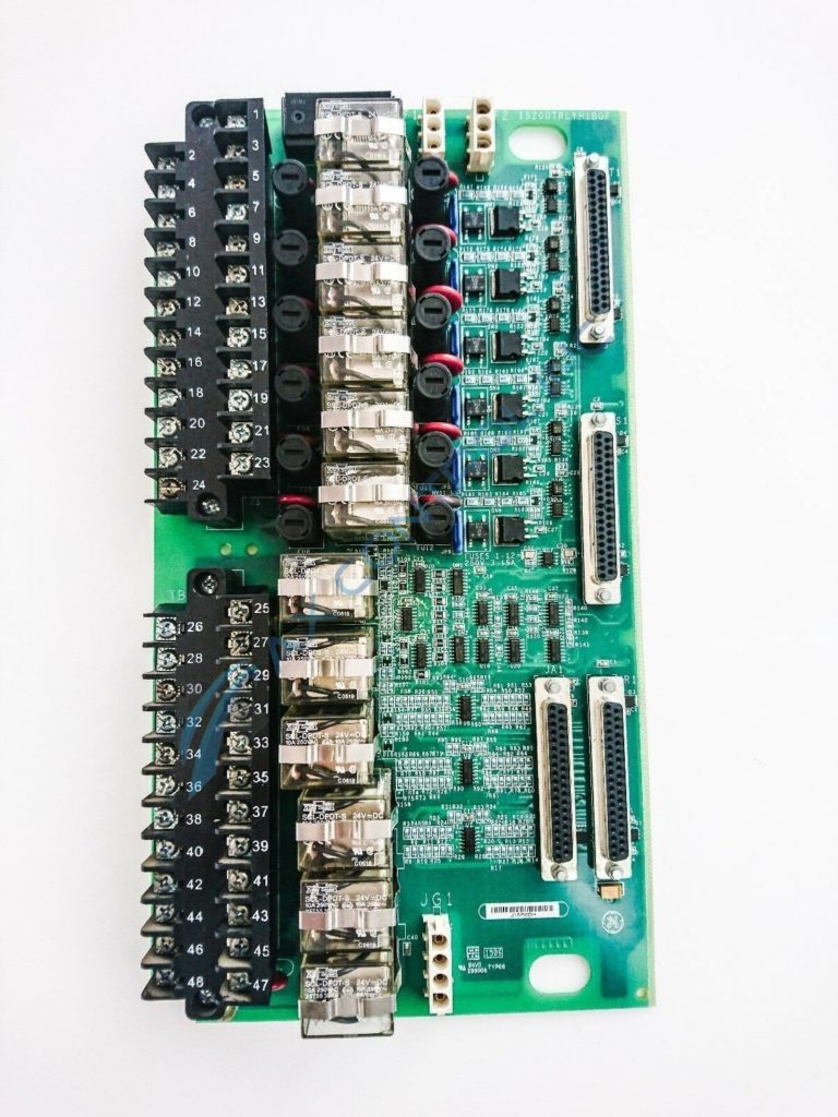 Circuit board components include relays, as seen on the Mark VI relay output terminal board.