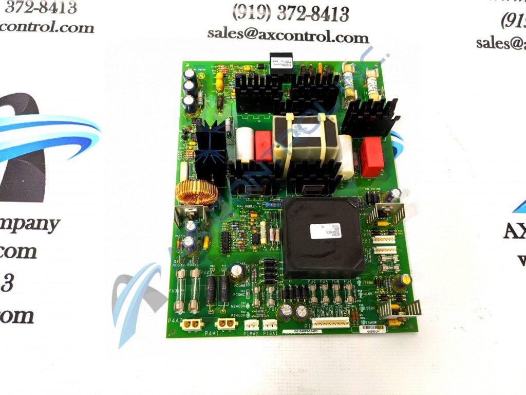 Circuit board components include an inductor coil and fuses on this GE Printed circuit board. 