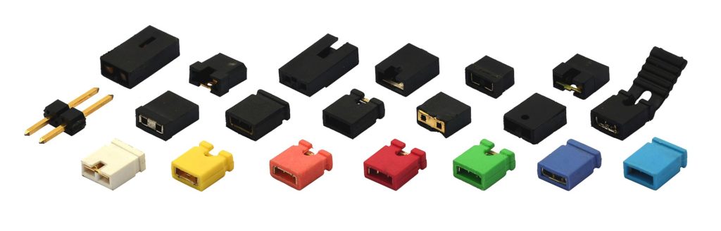 Examples of jumpers and jumper pins used as components on printed circuit boards.
