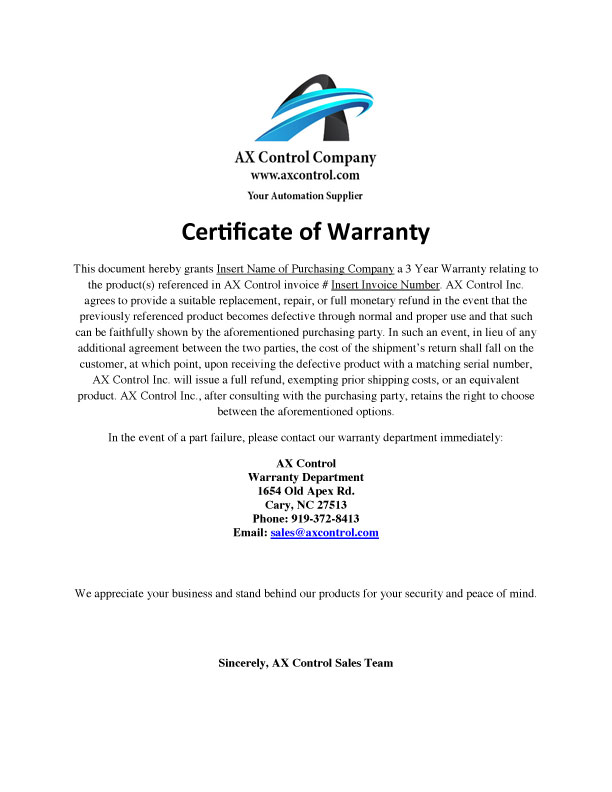 Certificate of Warranty